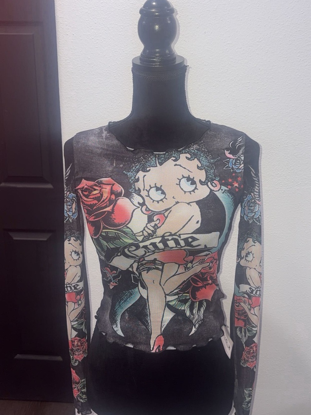 Betsey Johnson Black Long-Sleeve Betty Boop Graphic Top with Red & Teal Accents